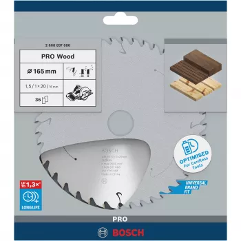 Zāģa asmens riņķveida Bosch 2 608 837 686 — 165 mm diametrs, 20 mm urbums, kokam, 1 gab.
