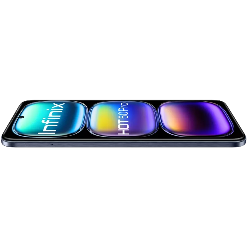 Viedtālrunis INFINIX HOT 50 PRO — 6.78 collu FHD+ ekrāns, MediaTek Helio G100 Ultra, 8 GB RAM, 256 GB, 50 MP, Android 14, 5000 mAh, Dual SIM, IP54, Melns
