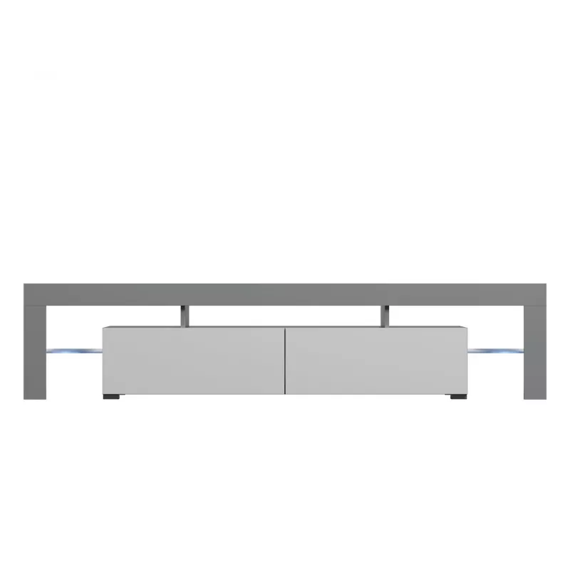 TV statīvs Cama Meble TORO 200 — 2000×350×410 mm, pelēka skaidu plātnes virsma, pelēks/balts spīdums