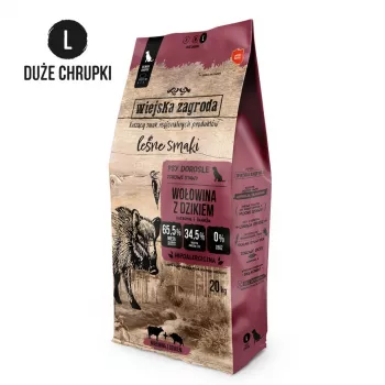 Sausā suņu barība wiejskazagroda Forest Flavors liellopa gaļa ar mežacūku pieaugušiem L 20 kg — bezgraudu, 31% olbaltumvielas, 20% tauki