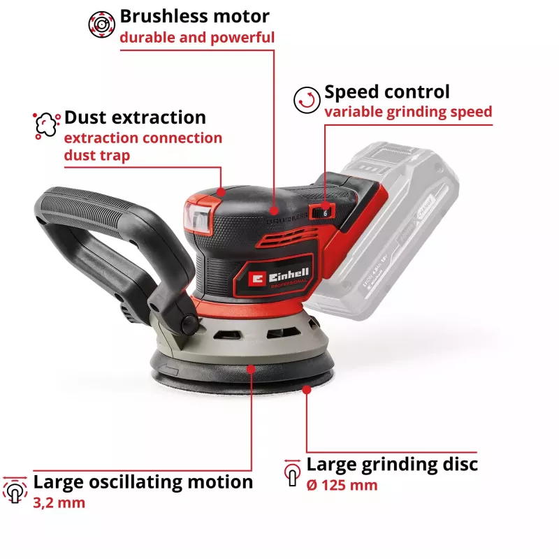 Grīdas slīpmašīna EINHELL TP‑RS 18/32 Li BL Solo — 24 000 apgr./min, Melna/Sarkana, 1.11 kg