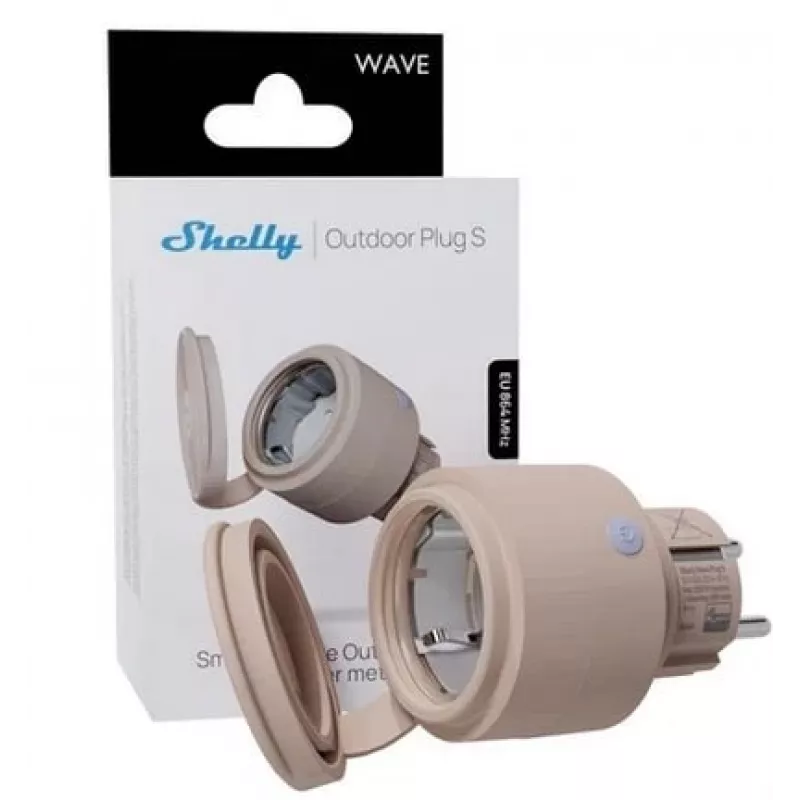 Shelly Wave Outdoor Plug S LR viedā āra kontaktdakša, Z-Wave Long Range, IP44, 230 V, 12 A, 2500 W, enerģijas mērīšana, SmartStart, OTA, LED, mokka