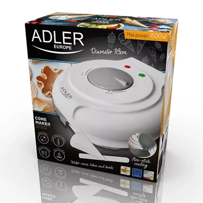 Vafeļu dzelzs Adler AD 3038 — apaļa vafele, 1500 W, regulējams termostats, nepiedegošas plāksnes, pelēks/balts