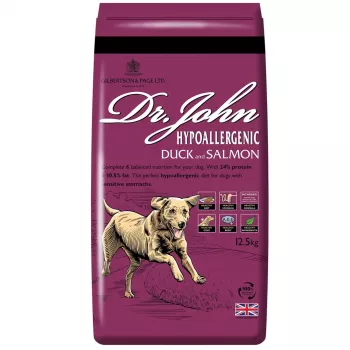 Sausā suņu barība Dr. John Hypoallergenic Duck with Salmon — pilnvērtīga pieaugušo barība, 12.5 kg, 24% olbaltumvielas, 10.5% tauki