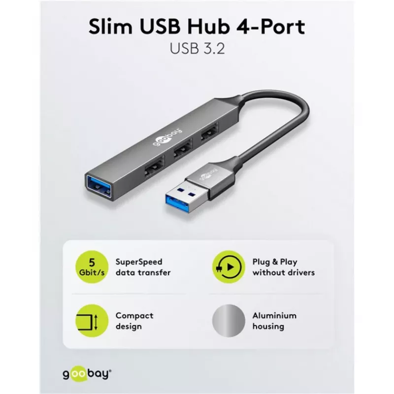 Goobay USB Hubs 74456 4-portu USB-A centrmezgls 5 Gbit/s gaiši pelēks