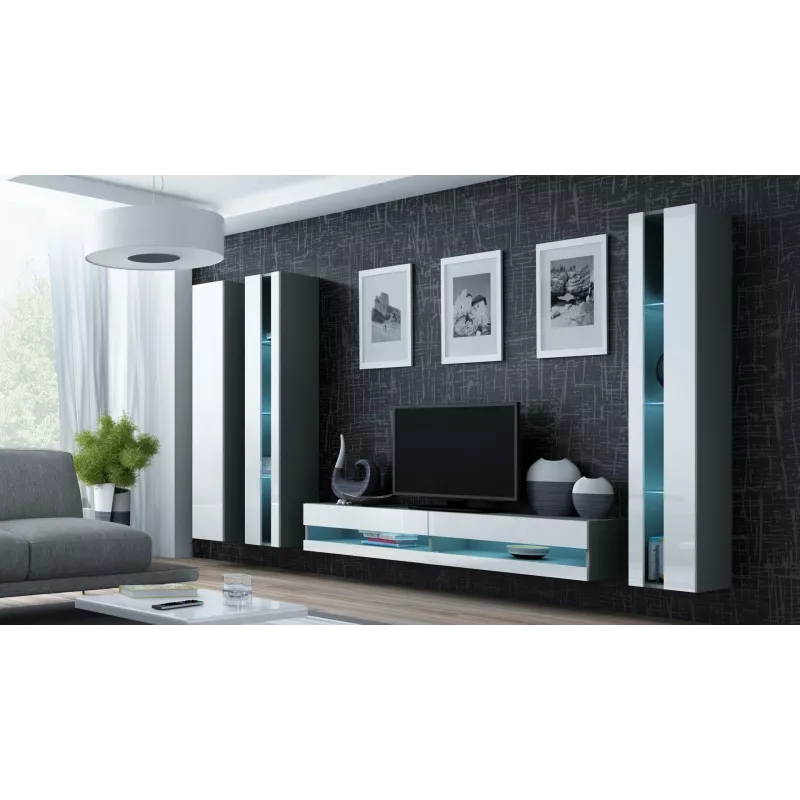 TV statīvs Cama Meble VIGO NEW 30/140/40 — 1400×400×300 mm, pelēka virsma, pelēks rāmis, balti spīdīgi priekšējie paneļi