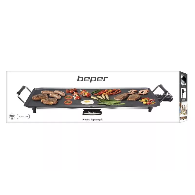 Beper 90.386 teppanyaki grils, 70,5 x 23,5 cm plātne ar pretpiedegošu pārklājumu, 1800 W, melns