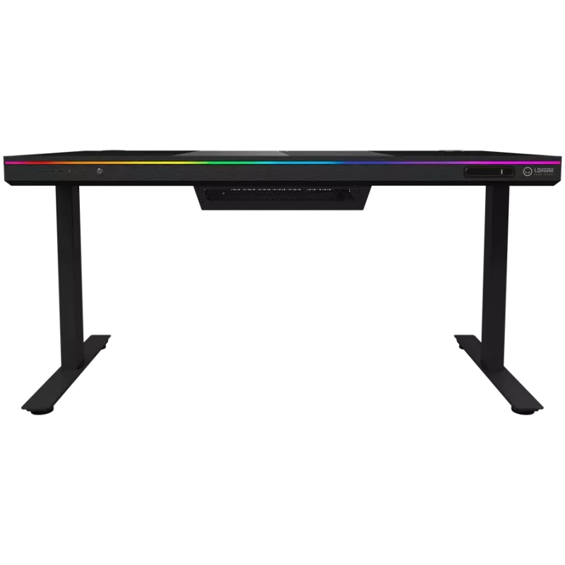 Divmotoru sēdus-stāvus regulējams spēļu galds ar iebūvētu PC korpusu, bezvadu lādētāju, RGB apgaismojumu, vadības paneli un USB portiem, rūdīta stikla virsma, melns