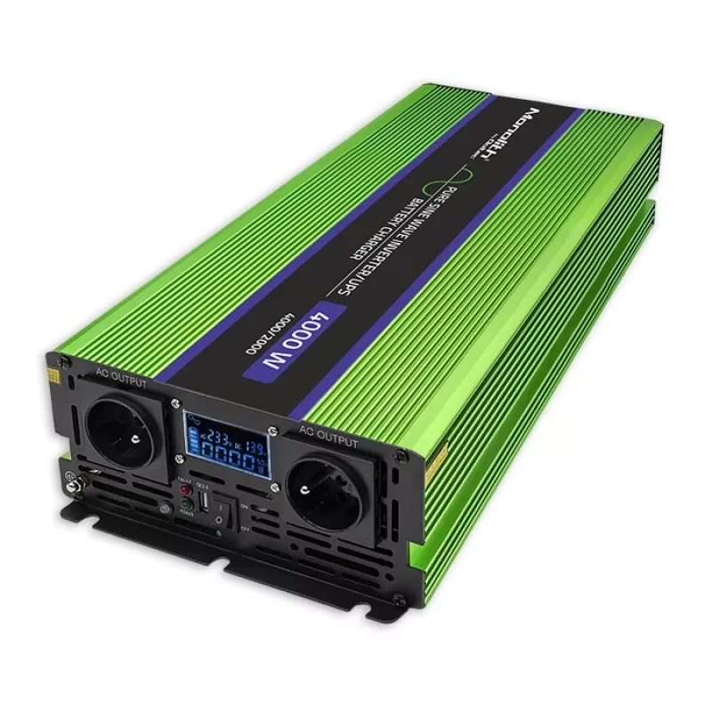 Qoltec Monolith sprieguma pārveidotājs | Akumulatora lādētājs | UPS | 2000W | 4000W | 12V uz 230V | Tīrs sinusoidāls | LCD melns-zaļš