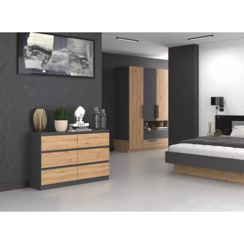 Kumode Top e shop M6 120 — Antracīts/Ozols, 6 atvilktnes, 1200×300×770 mm, skaidu plātne
