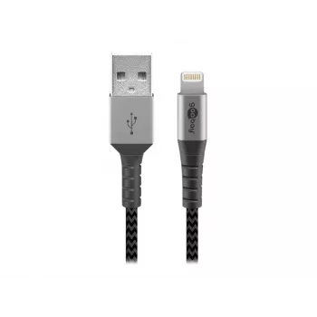USB-A uz Lightning kabelis GOOBAY 2 m, tekstila pinums, 3.3 mm diametrs, Space Grey/Silver