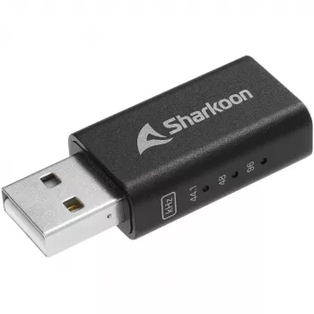 Iekšējais USB Type-A uz 3.5 mm DAC adapteris Sharkoon DAC Pro S — 2 V izeja, melns, kompakts (42×17.3×9.7 mm)
