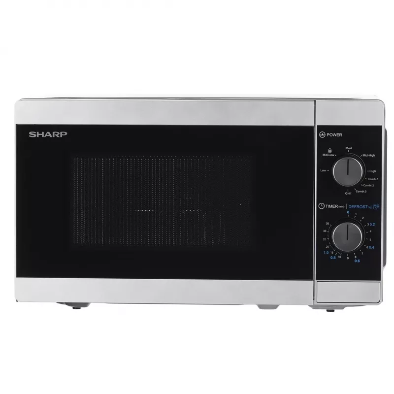 Kombinētā mikroviļņu krāsns Sharp YC-MG01E-S — 20 L, 800 W mikroviļņi, 1000 W grils, 5 jaudas līmeņi, rotācijas vadība, 25,5 cm pagrieziena galds