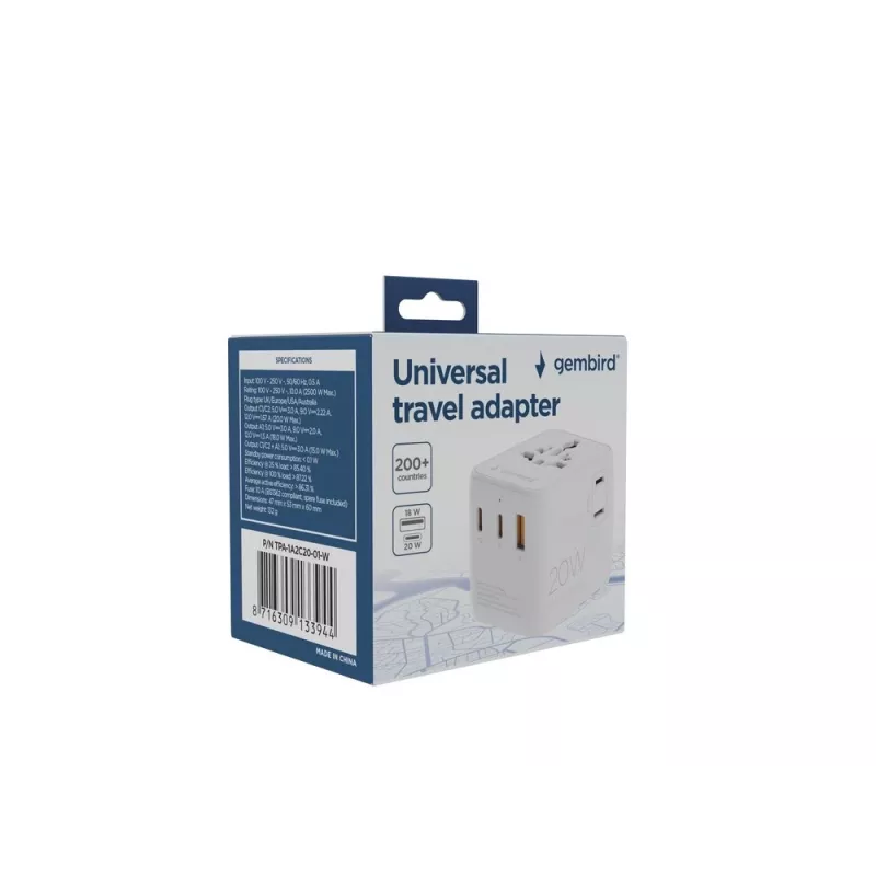 Ceļojumu lādētājs GEMBIRD TPA-1A2C20-01-W — 20 W, USB-A (18 W) + 2× USB-C (20 W), E tipa kontaktdakša, balts