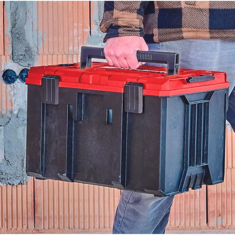 Einhell 4540021 E-Case M sistēmas instrumentu kofers, kaste darbarīkiem, polipropilēns, 90 kg nestspēja, melns/sarkans