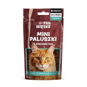 Kārumi kaķiem Pan Miesko Mini Pīles nūjiņas ar kaķumētru 50 g — Hipoalerģisks, bezgraudu un bez sojas uzkoda pieaugušiem kaķiem