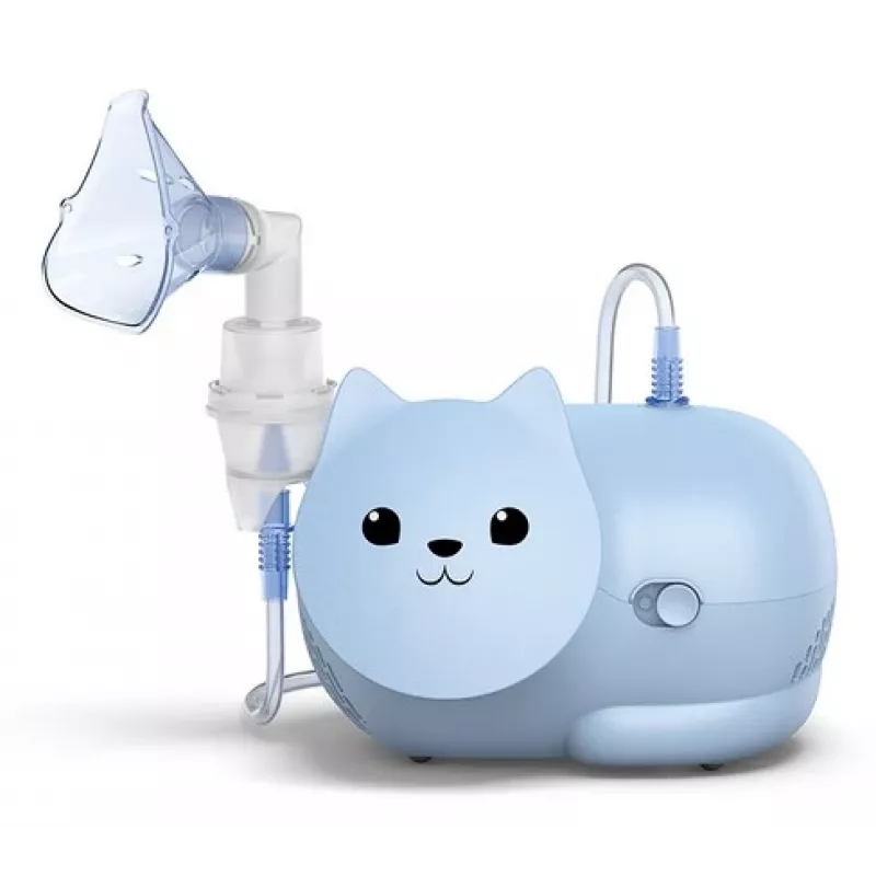 Miglas inhalators Omron Nami Cat NE-C303K-KDE — kompresoru inhalators, 0,35 ml/min, bērniem un pieaugušajiem, zils, W235×D148×H157 mm