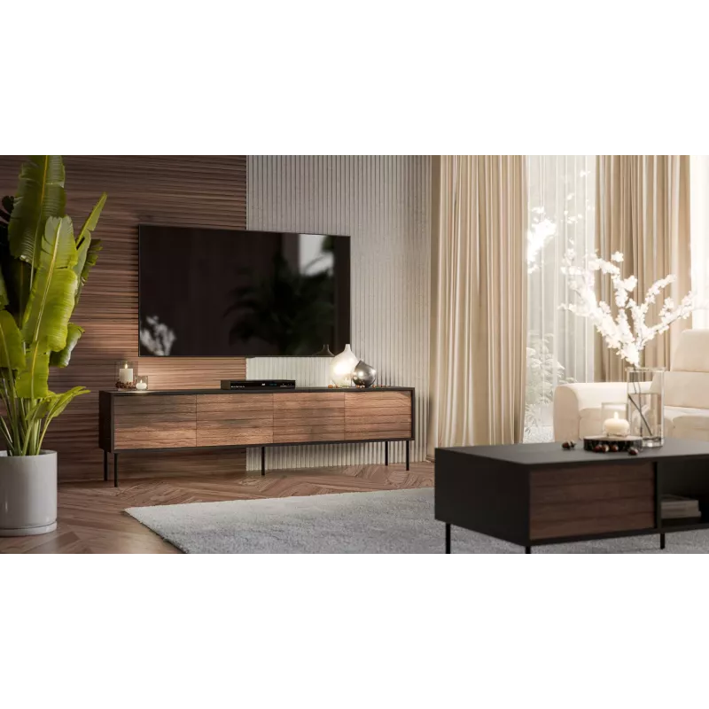 TV skapis CORTINA 4D 200x40x55 cm, melna virsma, valriekstu fasādes