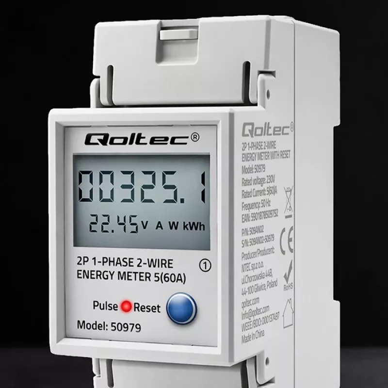 Enerģijas skaitītājs QOLTEC Vienfāzes DIN-sliežu 230V (50979)