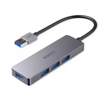 USB centrmezgls Aukey CB-H36 — 4 porti USB 3.2 Gen 1 Type-A, resursdatora USB 2.0, 5000 Mbit/s, alumīnija sudraba