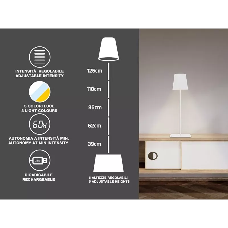 Beper P201UTP404 uzlādējams LED stāvgaismeklis, regulējams augstums, 2,5 W, regulējams spilgtums, metāla, balts