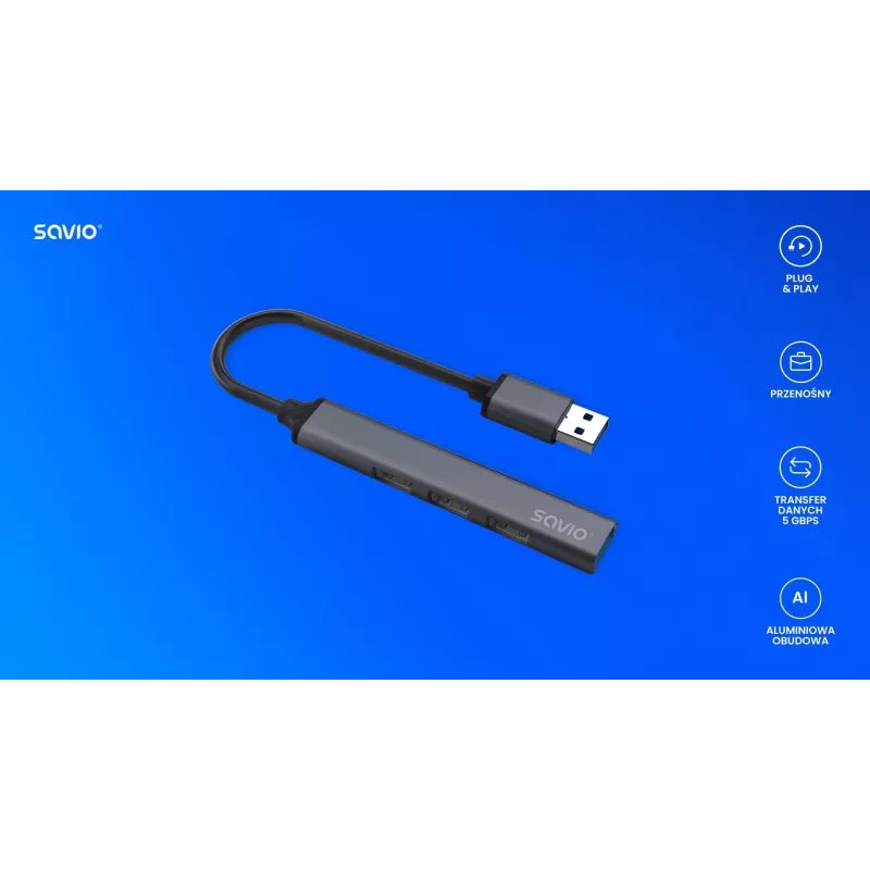 USB centrmezgls SAVIO AK-70, 7 porti USB 3.0, 4 izmantojami porti, USB Type-A savienotājs, 5 Gbit/s pārsūtīšana, garantija 2 gadi