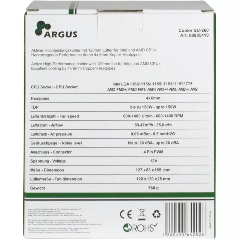 Inter-Tech Argus SU-260 procesora dzesētājs - 12 cm - melns