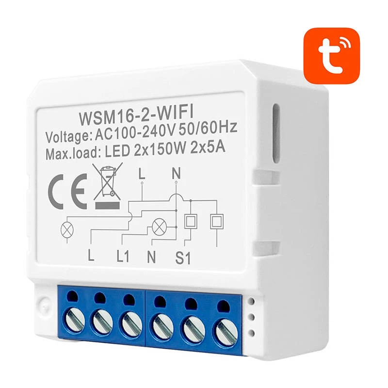 Viedais slēdža modulis Avatto WSM16-W2 WiFi tālvadība, divkanālu relejs mājas automatizācijai