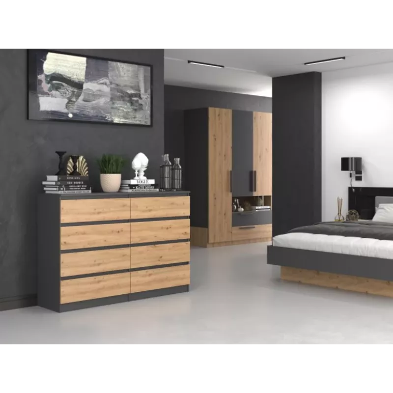 Kumode ar 8 atvilktnēm Top e shop M8 140 ANT/ART — Antracīts/Ozols, 1380×400×970 mm, skaidu plātne