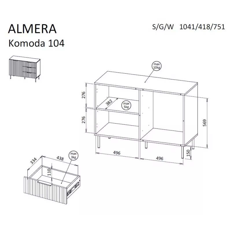 Kumode ALMERA 104x42x75 cm, valrieksts/krems, 3 atvilktnes, skaidu plātne
