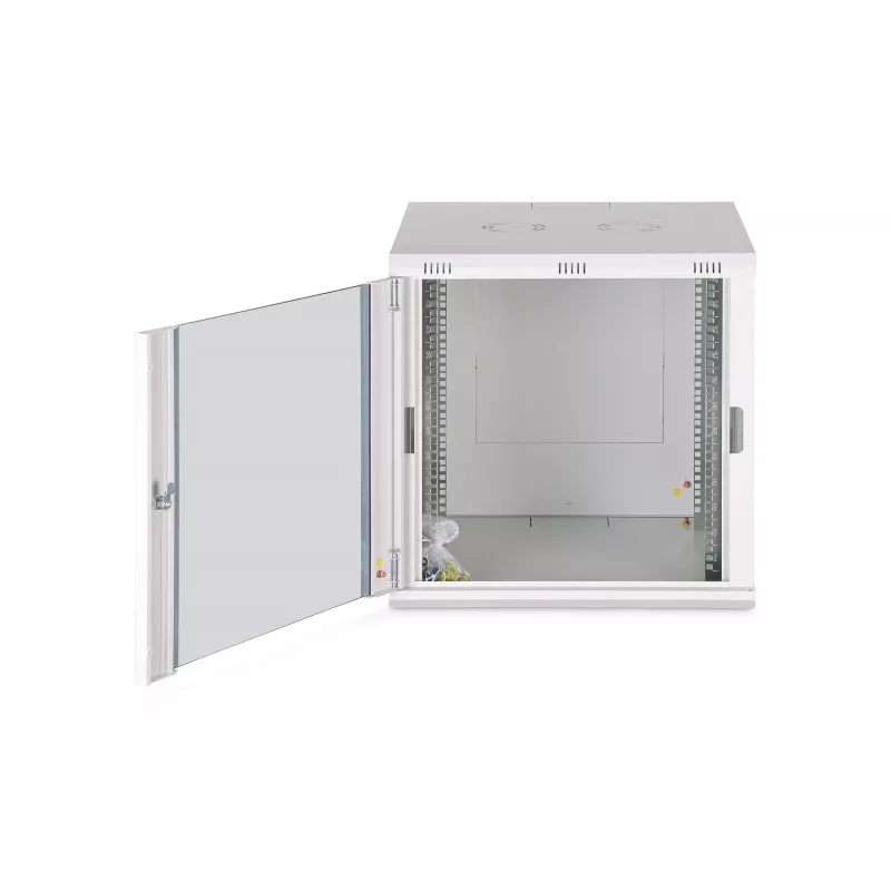 Sienas skapis DIGITUS Dynamic-N 12U 600x600 mm IP20, slēdzene, kabeļu pārvaldība, neizjaukts