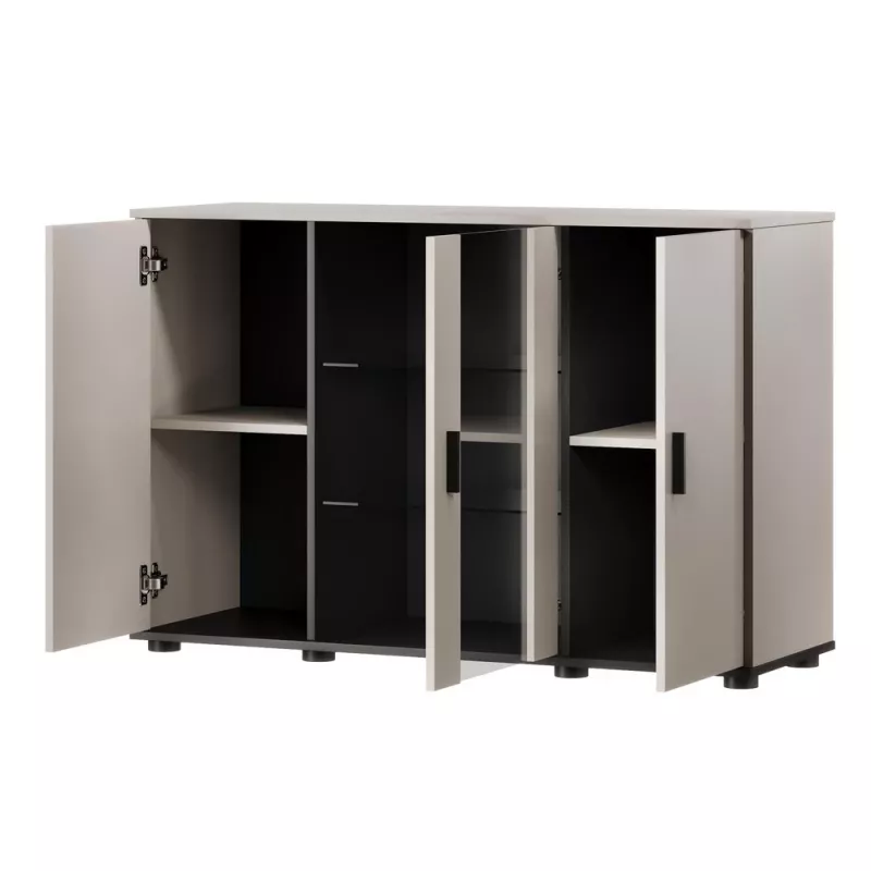 Kumode Cama Meble SOHO 120×41×80 cm — smilškrāsas fasādes, melns rāmis