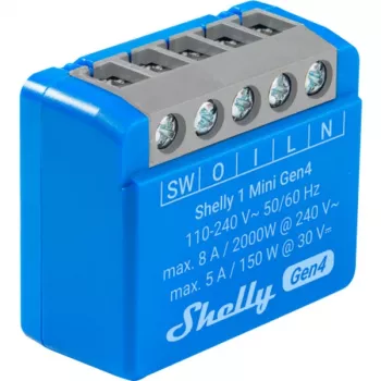 Viedais releju modulis Shelly 1 Mini Gen4, 1P 8A, Wi‑Fi/Matter/Zigbee/Bluetooth, 110–240V, kompakts (2 gab.)