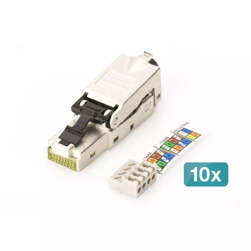 Lauka spraudnis DIGITUS CAT 6A STP RJ-45 vīrietis ar putekļu vāciņu un kabeļa atvieglojumu — 10 gab. iepakojums