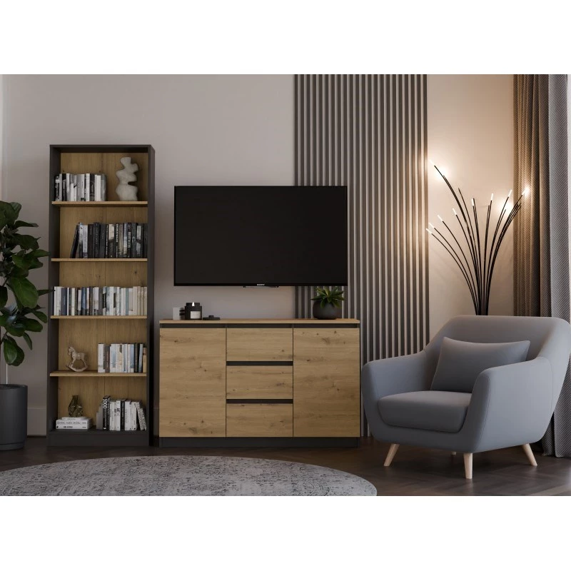 Kumode Topeshop 2D3S ANT/ART BA KPL — antracīts un ozols, 3 atvilktnes, skaidu plātnes rāmis