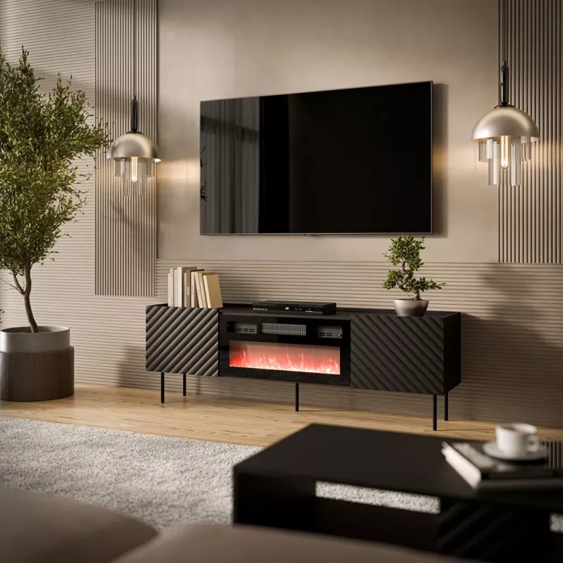 TV skapis Cama Meble LUCCA 180x40x59 cm, melns, ar elektrisko kamīnu