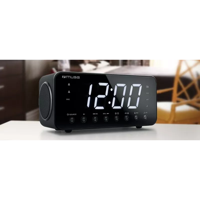 Modinātājs ar radio Muse M-192 CR — digitālais pulkstenis, FM uztvērējs, 1,8 collu LED displejs, melns koks, AC 100–240V, AAA rezerves