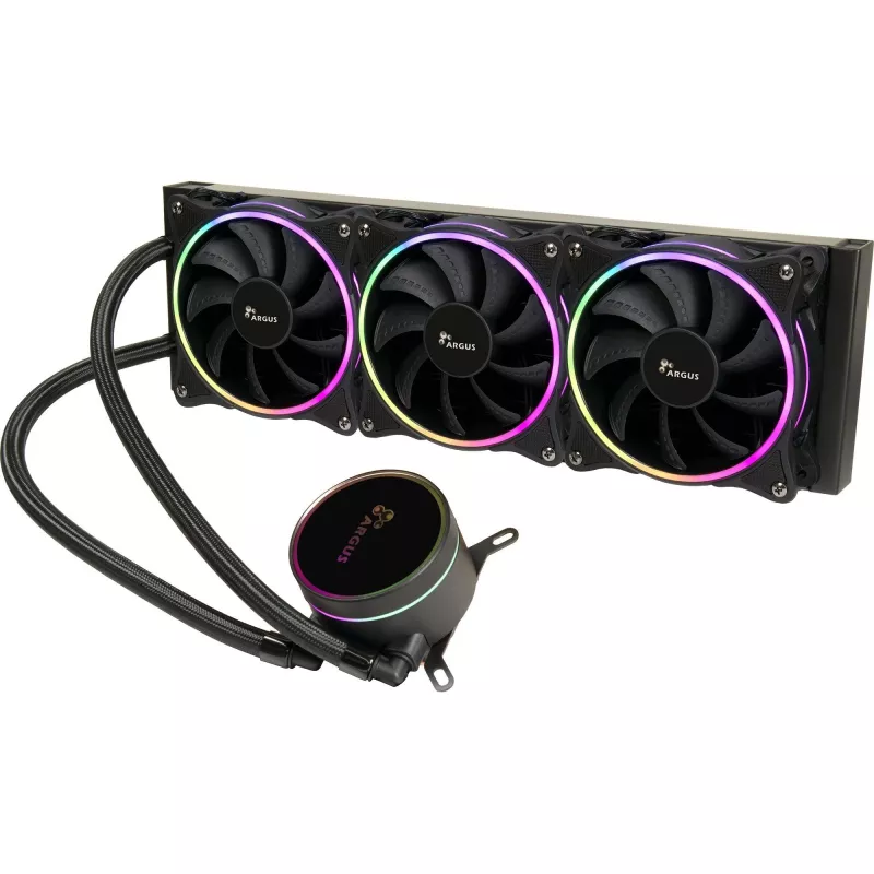 INTER-TECH LC-360 RGB — 360 mm šķidruma dzesētājs, 3 × 120 mm ventilatori, hidrauliskie gultņi, ARGB apgaismojums, melns