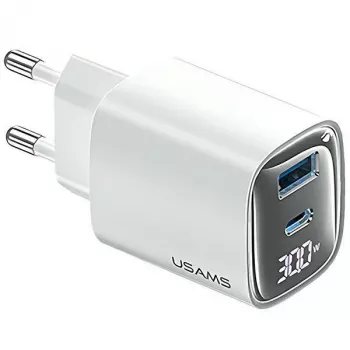 usams CC229 30W GaN ātrais lādētājs balts — USB un USB-C, LED indikators