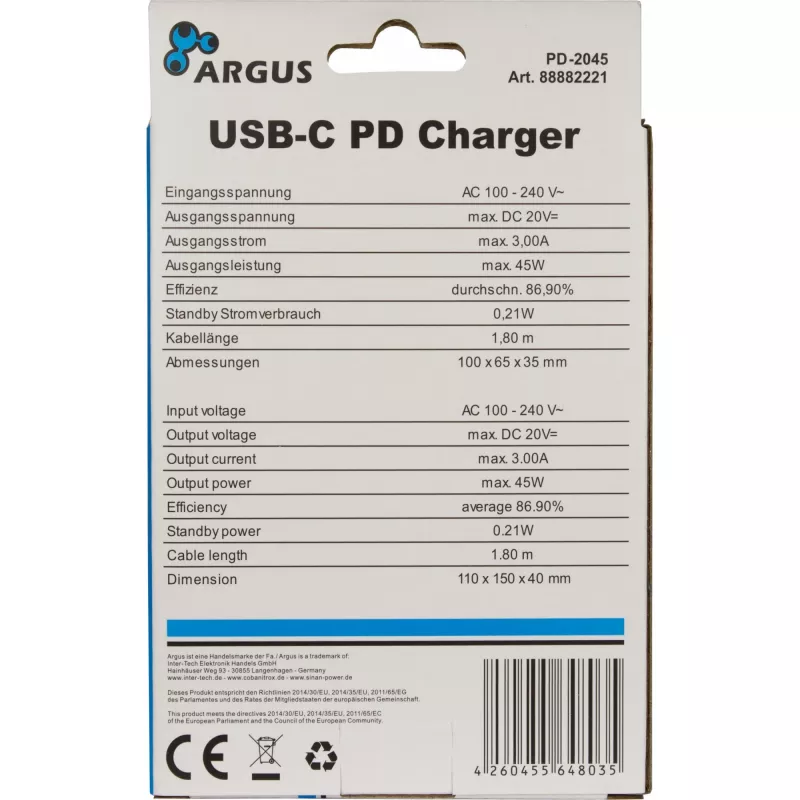 Lādētājs Inter-Tech PD-2045 Universāls Melns Iekštelpām 20V USB-C
