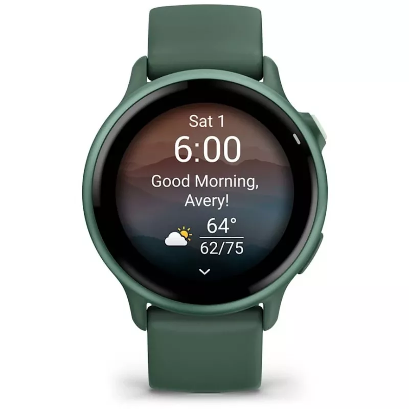 Viedpulkstenis GARMIN vívoactive 6 – sporta pulkstenis, 42 mm alumīnija/polimēra korpuss, AMOLED 1,2 collu, GPS, 5 ATM, optiskais HR, SpO2, 8 GB, zaļš