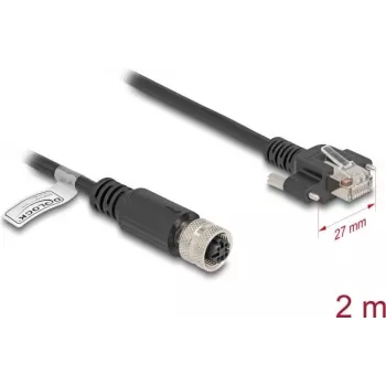 Tīkla kabelis DeLOCK M12 D-kodēts 4 kontaktu sievišķais uz RJ45 spraudni Cat.5e 2 m melns