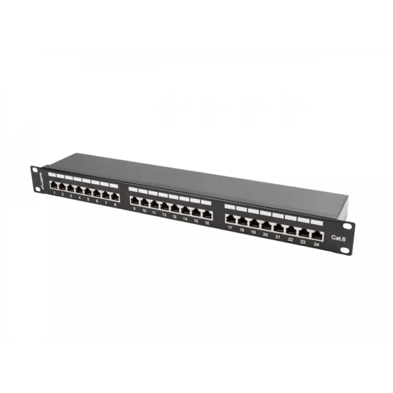 Patch panel 1U LANBERG PPS6-1024-B, 24-portu Cat6, metāla, melns, 442×114.5×44.5 mm