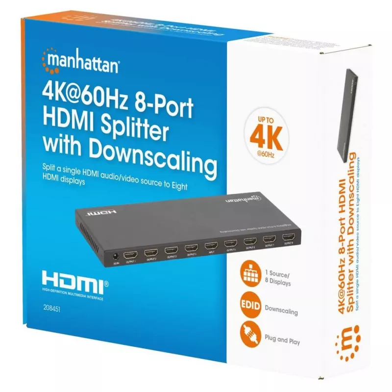 Manhattan 4K@60Hz 8-Portu HDMI Sadalītājs ar Samazināšanu, 1x8, 18G, EDID Slēdzis, Melns
