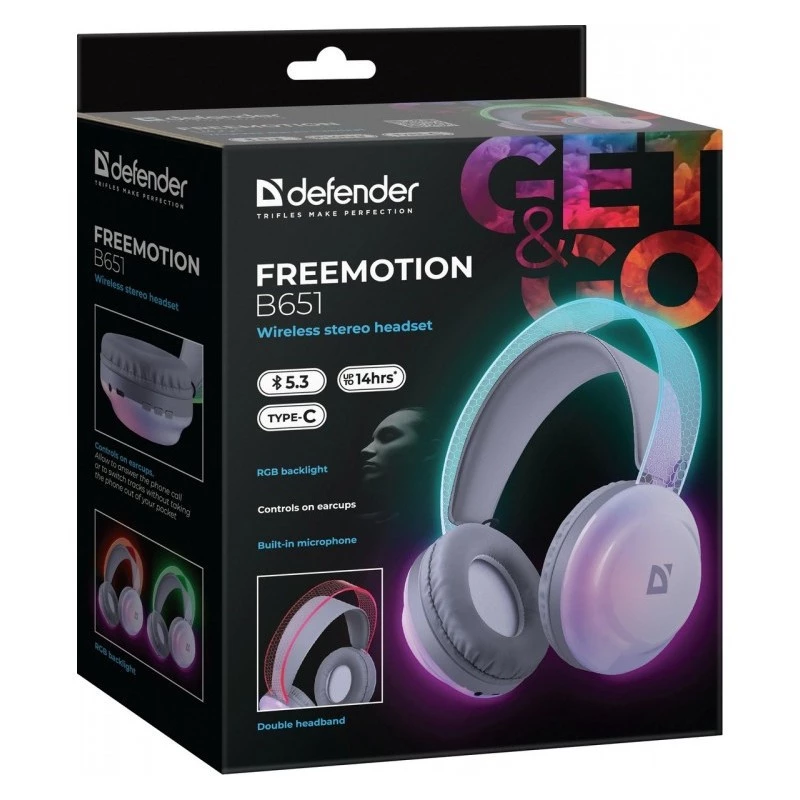 Defender FreeMotion B651 63651 bezvadu austiņas, uzliekamas uz ausīm, Bluetooth 5.3, RGB fona apgaismojums, 20–20000 Hz, 105 dB, USB-C, AUX, baltā krāsā