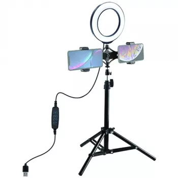 LED gredzena gaisma 16cm ar statīvu līdz 70cm un dubulto telefona turētāju, USB