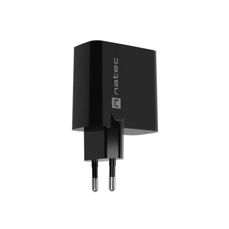 Vadu mobilās ierīces lādētājs NATEC NUC-2145, 65W, USB-C PD 3.0 + QC 3.0, 1x USB-C, 1x USB-A, 110–240V, Melns