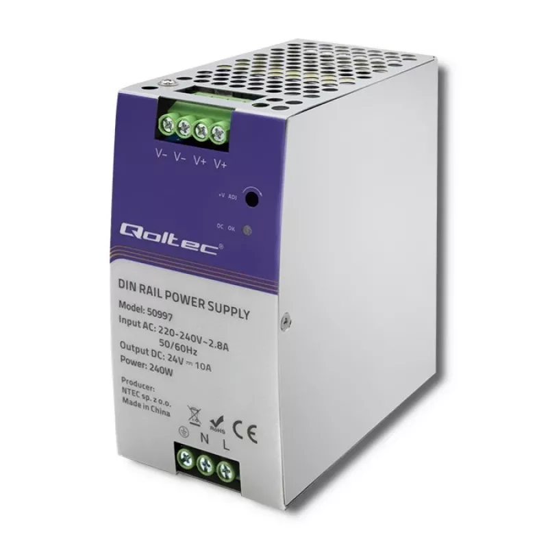 DIN sliedes barošanas bloks QOLTEC 50997 240W 24V 10A