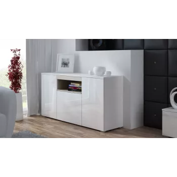 Sideboard Cama Meble VIVA 150 — balts/matēts balts un sonoma ozols, 3 durvis, 5 plaukti, 1500×450×800 mm