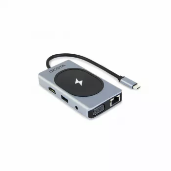 USB-C centrmezgls DICOTA D32059 ar HDMI, RJ-45, USB 4 un bezvadu uzlādi